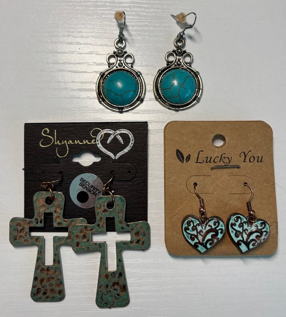SHYANNE LUCKY YOU Western Earrings Lot 3 Faux-Turquoise Cross Heart Dangle Boho